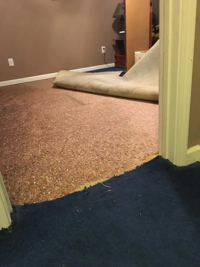Carpet pad removal revealing water damage during Water Mitigation Services in Superior